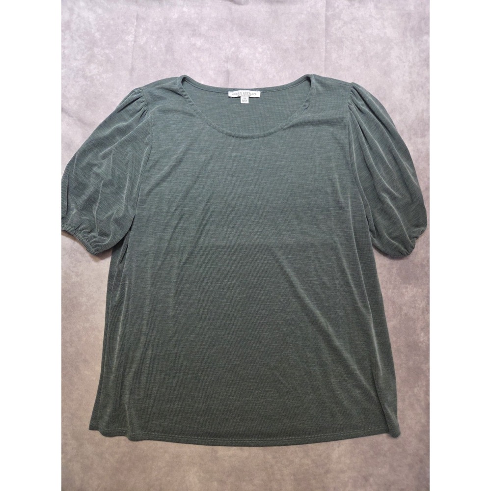 Green Envelope Puffed Short Sleeve Blouse Ribbed Army Green Size XL Classic Soft